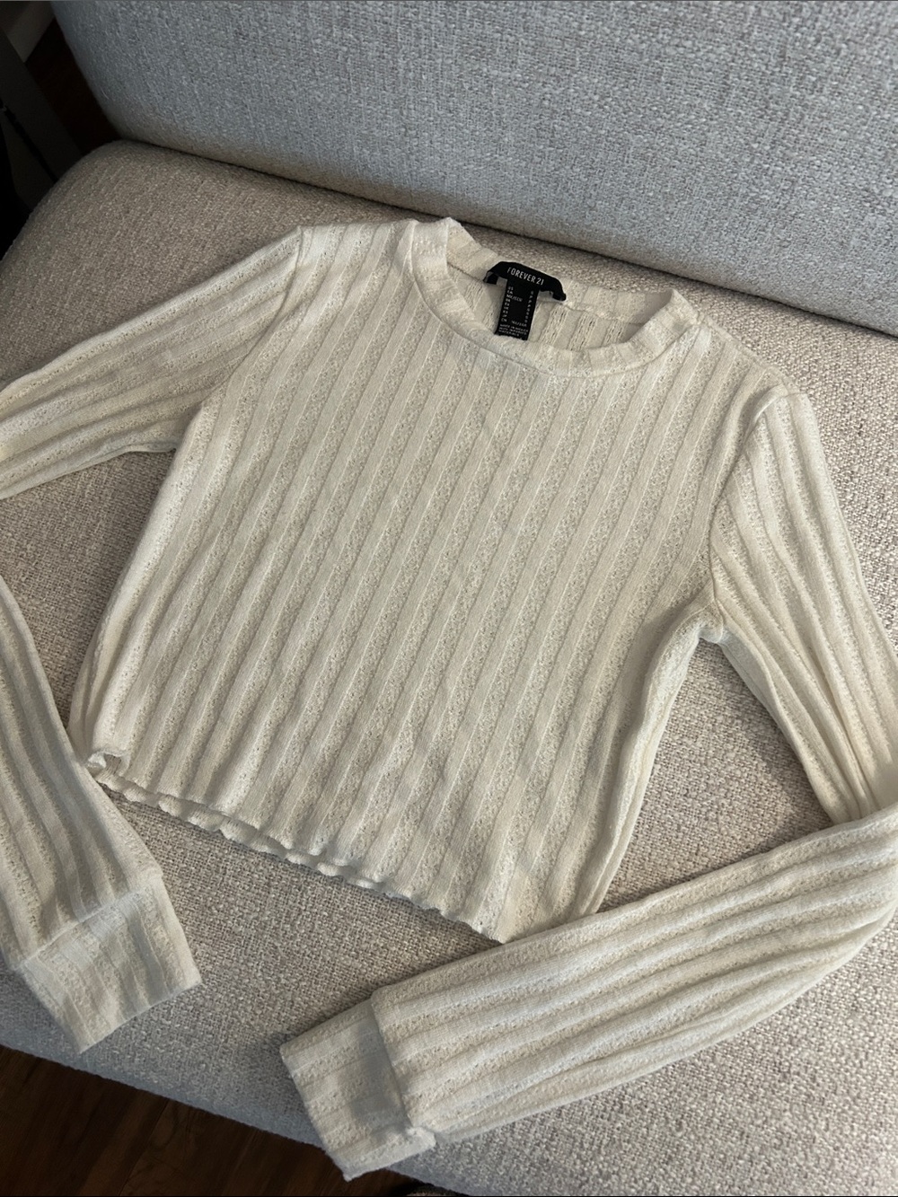 Forever 21 White Ribbed Cropped Long Sleeve Top